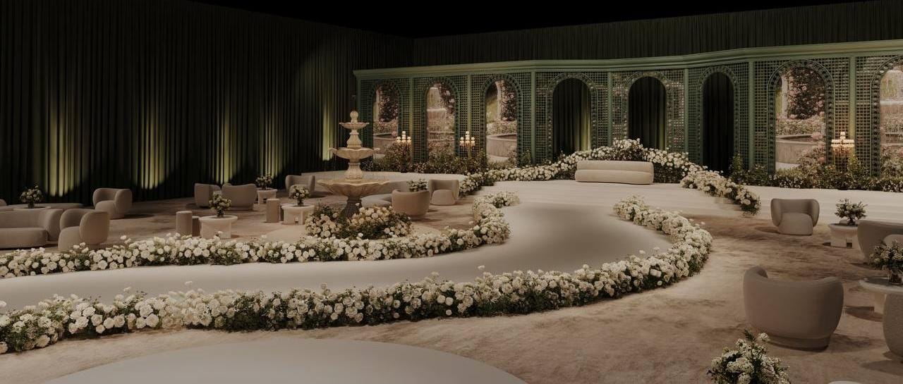 Design render of a curved floral aisle through a darkened banquet hall by RAW Group